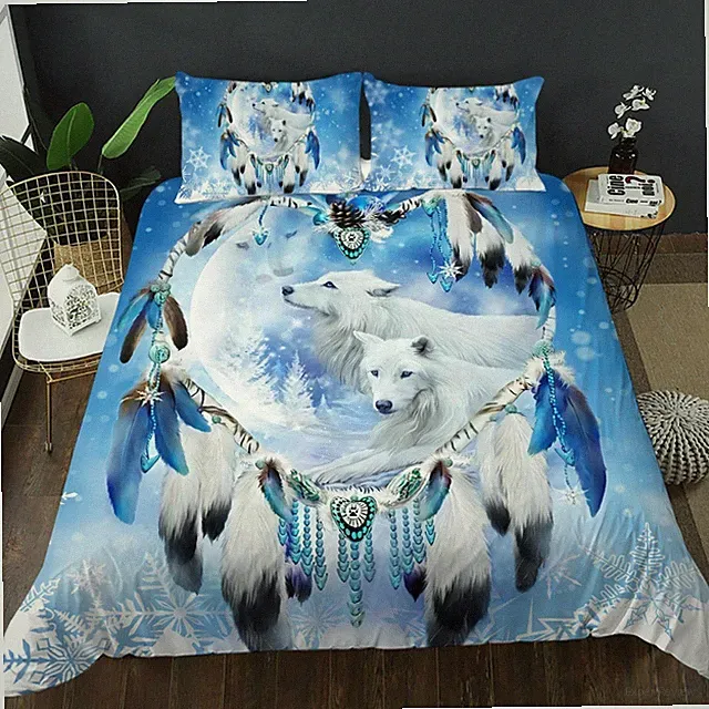 3D Feather Wolf Quilt Cover Set Bedding Sets Pillowcases