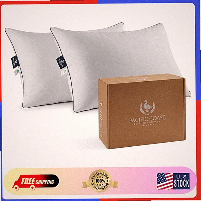 Goose Feather Down Bed Pillows Standard Size, Soft Fluffy Cotton Shell, Set of 2