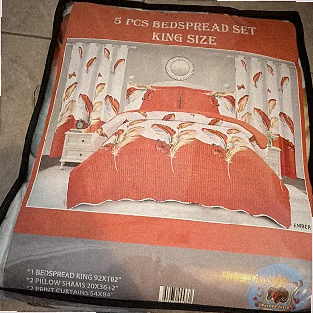 King Size Quilted Bedspread Set 5 PCS Orange White Feathers Butterfly Nature