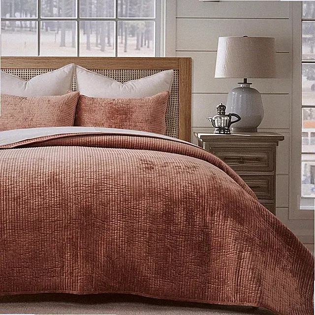Luxurious Terracotta Velvet Quilt Set King Size with 2 Shams, All Season Comfort