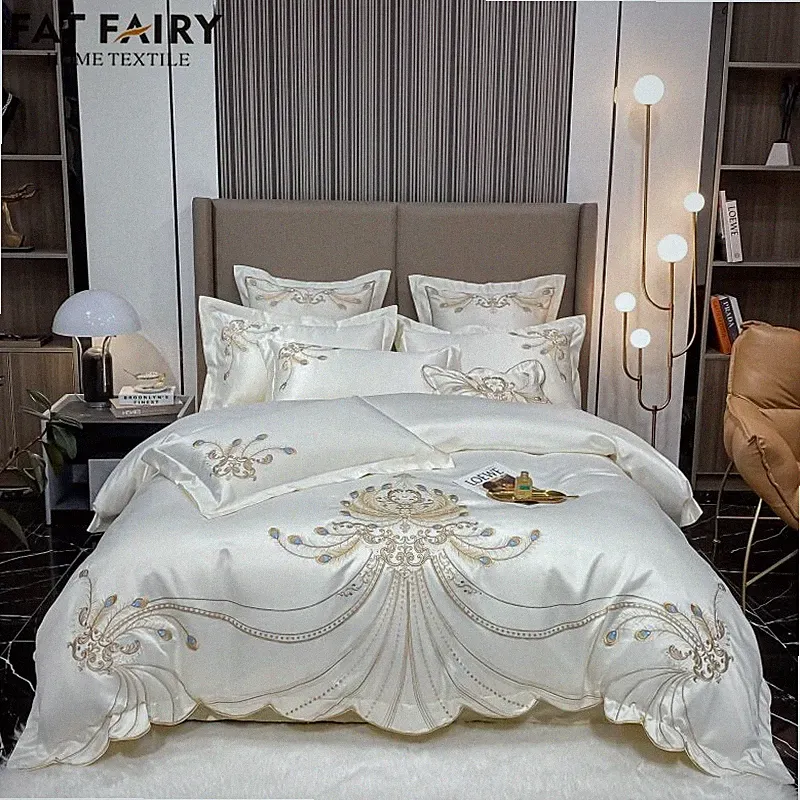 Luxury Gold Feather Embroidery Egyptian Cotton Duvet Cover Bed Sheet Bedding Set