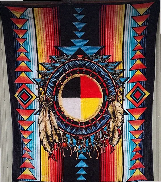 MEDICINE WHEEL INDIAN NATIVE AMERICAN WESTERN FEATHER QUEEN BLANKET BEDSPREAD