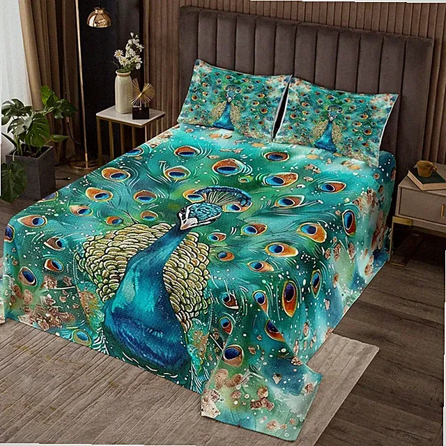 Peacock Bedspread Queen Size, Green Peacock Feather Print Coverlet Set for Kids