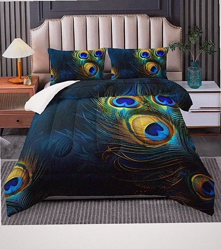 Peacock Feather Print Comforter Set Full/Double Boho Style Bedding Multi