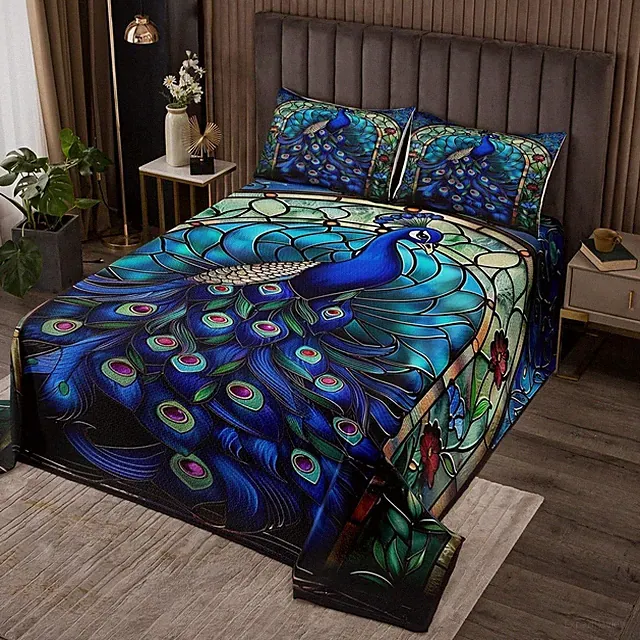 Peacock Kids Bedspread Queen Size,Peacock Feather Jungle Animal Floral Coverlet