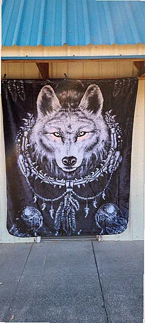 WOLF DREAMCATCHER FEATHERS INDIAN TEETH QUEEN SIZE BLANKET BEDSPREAD